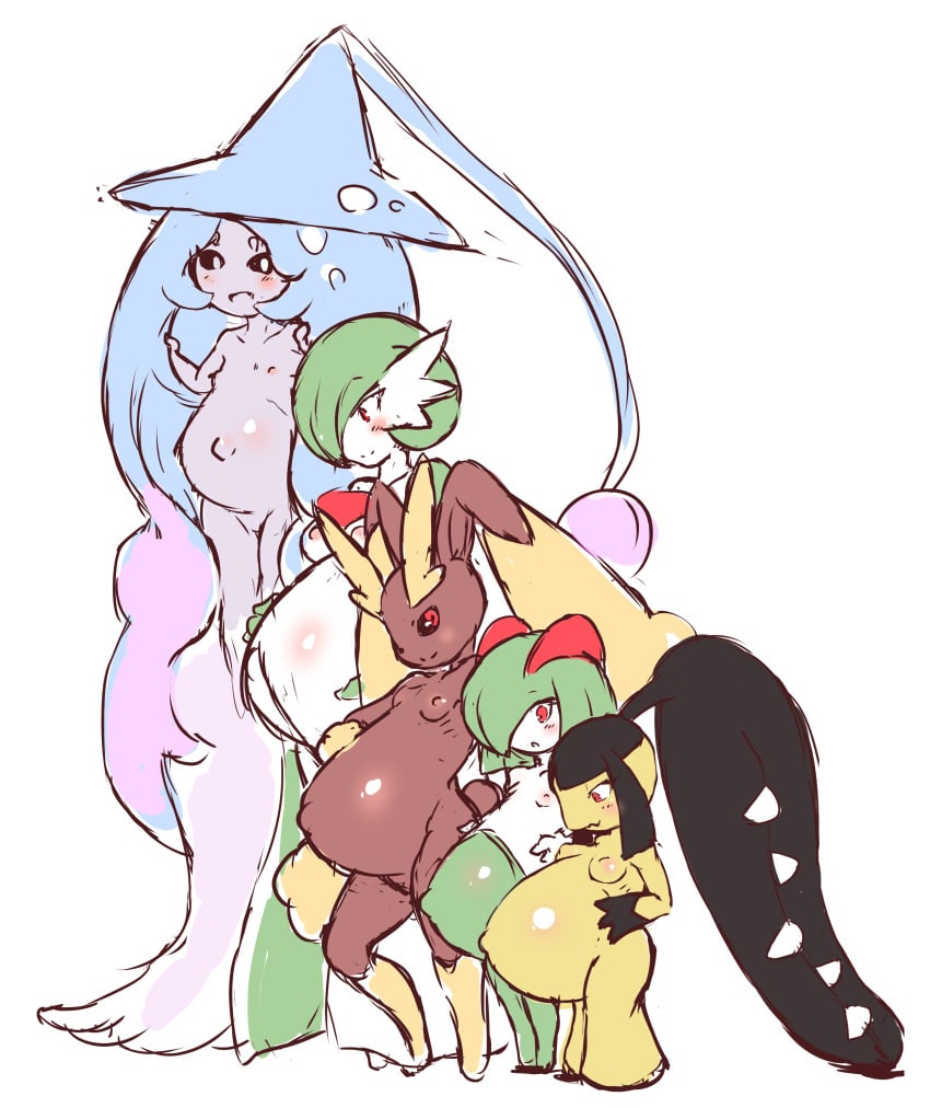 0k0j0 5girls anthro anthrofied brown_fur female_only furry gardevoir green_skin hatterene kirlia larger_female lopunny mawile multiple_girls multiple_pregnancies nintendo pokemon pokemon_(species) pokemon_dppt pokemon_rse pokemon_ss pregnancy pregnant size_difference sketch smaller_female white_skin wide_hips yellow_skin