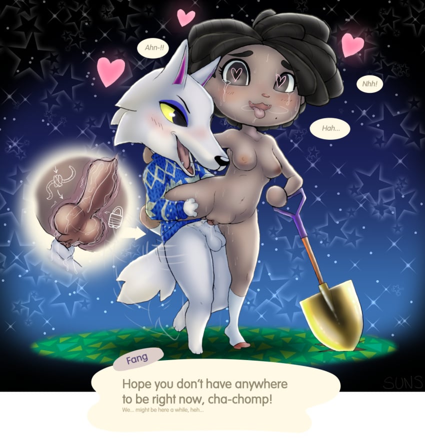 <3_eyes 1boy 1girls animal_crossing animal_genitalia animal_penis anthro anthro_penetrating anthro_penetrating_human balls black_eyes black_hair blush bodily_fluids breasts brown_eyes canid canine canine_penis canis clothed clothing cum cum_in_pussy cum_inside cutaway dark_skin duo english_text erection fang_(animal_crossing) female female_human female_penetrated fur genital_fluids genitals hair heart hi_res human human_on_anthro human_penetrated internal interspecies knot knotting legwear male male_anthro male_penetrating male_penetrating_female mammal medium_breasts nintendo nipples nude partially_clothed penetration penis pussy sex shovel simple_background socks stomach_bulge straight suns_(artist) sweat sweater tan_body tan_skin tears text tools topwear vaginal_knotting vaginal_penetration video_games villager_(animal_crossing) white_body white_fur wolf