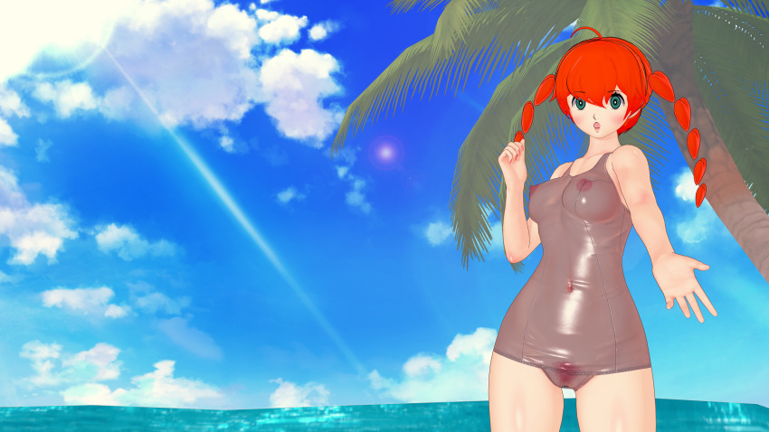 blue_eyes koikatsu palm_tree persona persona_5 persona_5_scramble:_the_phantom_strikers pubic_hair red_hair red_pubic_hair see-through_clothing see-through_swimsuit sophia_(persona_5) twintails