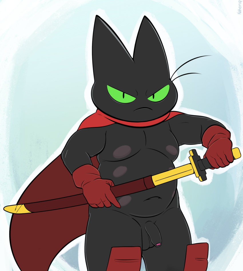 absurd_res anthro balls black_body black_fur cape cartoon_network clothing domestic_cat felid feline felis flaccid foreskin fupa fur genitals green_eyes hi_res male male_only mammal mao_mao:_heroes_of_pure_heart melee_weapon multi_nipple nipples nokemop penis sheriff_mao_mao_mao slightly_chubby solo sword uncut weapon