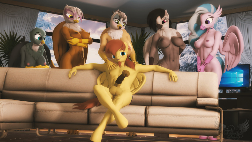 16:9 1boy 3d 4k 5girls absurd_res amber_eyes animal_genitalia animal_penis anthro anthrofied areola avian balls bedroom_eyes blue_eyes breasts clothing computer couch crossed_arms crossed_legs equine_penis erection european_mythology fan_character female friendship_is_magic furniture furry gabby_(mlp) genitals gilda_(mlp) ginger_feathershy glace_plume greek_mythology green_eyes group gryphon hands_on_shoulder harem hi_res hippogriff lidded_eyes looking_at_viewer male medial_ring meme microsoft microsoft_windows my_little_pony mythological_avian mythology narrowed_eyes nipples nude penis pimp piper_perri_surrounded plant plantigrade purple_eyes rory_kenneigh seductive shirt silverstream_(mlp) sitting skyleesfm sofa source_filmmaker t-shirt topwear underwear widescreen window windows_10