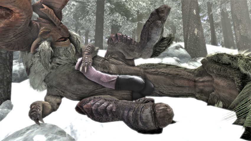 3d balls banbaro barlu brute_wyvern capcom feral forest fur genitals hi_res holding_penis horn looking_at_viewer male male_only monster_hunter penis snow solo solo_male source_filmmaker spread_legs spreading tree video_games