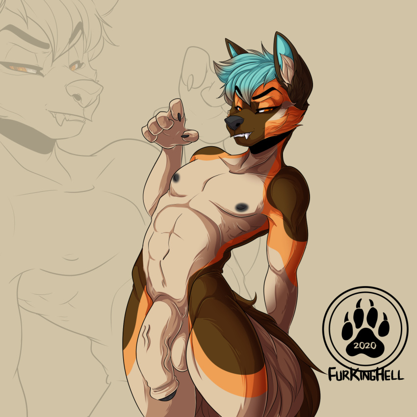 1:1 2020 anthro balls black_nose blue_hair canid canine digital_media_(artwork) furkinghell genitals hair hi_res humanoid_genitalia humanoid_penis male mammal nipples orange_eyes penis solo