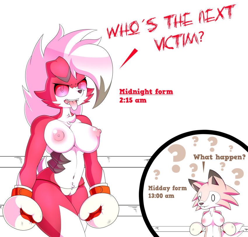 2018 2girls 3dboxing ? absurd_res anthro anthrofied boxing boxing_gloves boxing_ring breasts brown_body brown_fur canid canine clothing confusion cream_boxing_gloves cream_gloves english_text female fighting_ring fur furry gloves handwear hi_res looking_at_viewer lycanroc mammal midday_lycanroc midnight_lycanroc mlpboxing navel nintendo nipples nude open_mouth original_character pokémon_(species) pokemon pokemon_sm pussy red_body red_eyes red_fur simple_background solo sport text tongue tongue_out topless_boxing video_games white_background