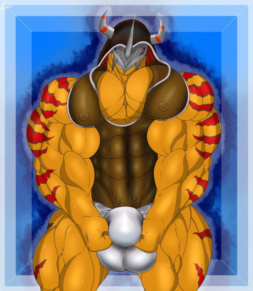 1boy 2019 abs anthro balls_outline biceps big_bulge big_muscles big_pecs blue_background bulge cleavage_cutout clothing digimon digimon_(species) erect_nipples fishnet fishnet_clothing fishnet_headwear fishnet_topwear flexing genital_outline grin hair headgear headwear hi_res hood hoodie horn huge_muscles jockstrap looking_at_viewer male male_only markings mask muscular navel nipples partially_clothed pattern_background pecs red_eyes red_hair red_markings red_stripes saixyuniz-xynz scales scalie signature simple_background skimpy smile solo striped_horn stripes teeth_showing topwear underwear vein wargreymon white_clothing white_underwear yellow_body yellow_scales zarox