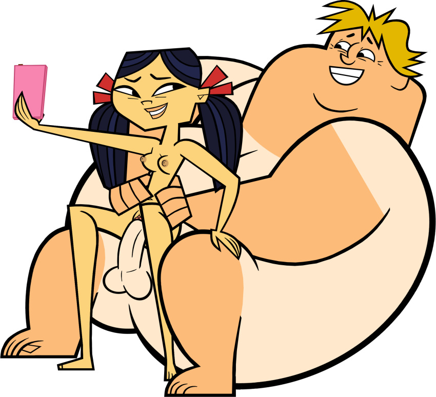 1boy 1boy1girl 1girls accurate_art_style asian black_hair blonde_hair breasts codl fat_man female impossible_fit interracial kitty_(tdi) larger_male medium_breasts owen_(tdi) selfie size_difference smaller_female straight the_ridonculous_race total_drama_island transparent_background yellow-skinned_asian yellow_asian