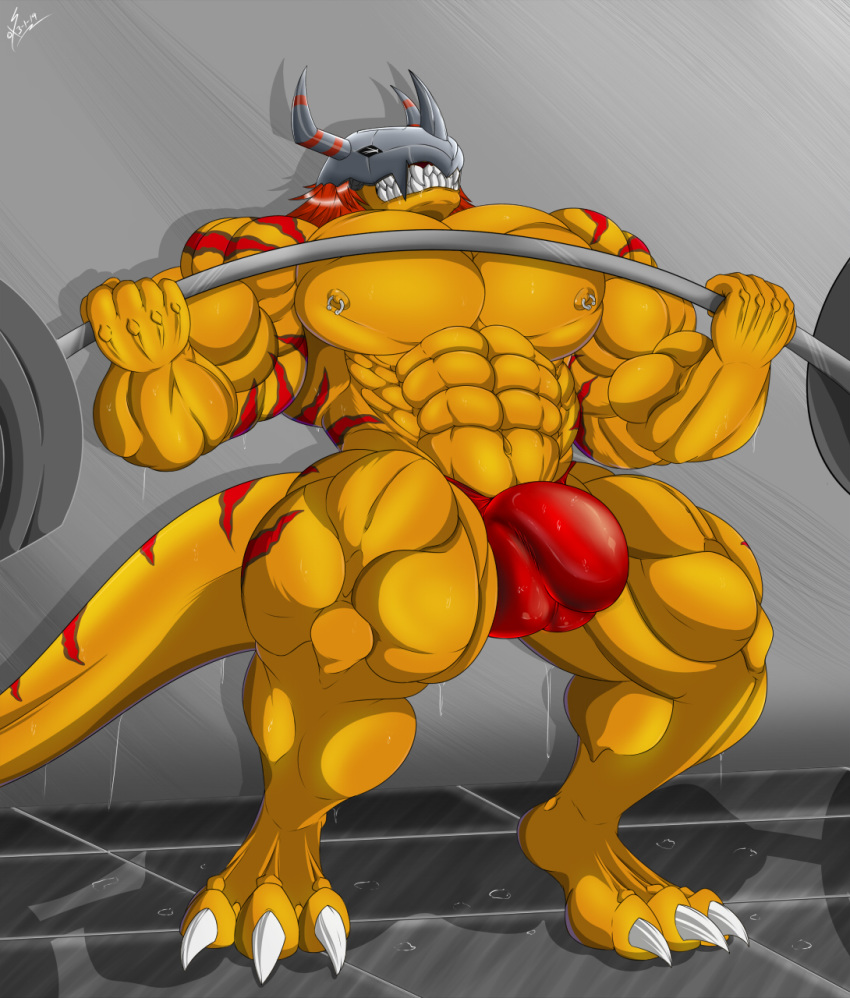 2019 5_fingers anthro armor balls_outline biceps big_bulge big_muscles big_pecs bodily_fluids bulge claws clenched_teeth closed_eyes clothed clothing detailed_background digimon digimon_(species) exercise fangs fingers genital_outline gym hair headgear helmet hi_res horn huge_muscles male male_only markings mask muscular nipple_piercing nipple_ring nipples pecs piercing red_clothing red_hair red_markings red_stripes red_thong saixyuniz-xynz scales scalie shadow signature skimpy solo stripes sweat teeth teeth_showing thong tile_floor underwear vein wall_(disambiguation) wargreymon weightlifting weights workout yellow_body yellow_scales zarox