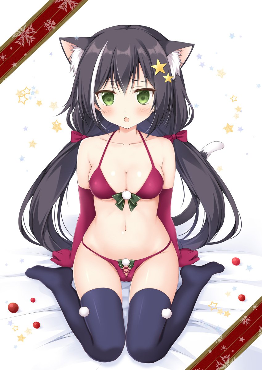 1girls animal_ear_fluff animal_ears black_hair black_legwear blush bow bra breasts cat_ears cat_tail christmas cleavage collarbone commentary_request elbow_gloves female full_body gloves green_bow green_eyes hair_ornament hair_ribbon highres korie_riko kyaru_(princess_connect) large_breasts lingerie long_hair looking_at_viewer medium_breasts multicolored_hair navel oerba_yun_fang open_mouth panties princess_connect! princess_connect!_re:dive red_bra red_panties red_ribbon ribbon sitting solo star star_hair_ornament streaked_hair tail thighhighs twintails underwear wariza