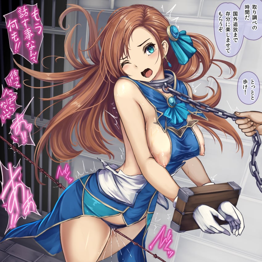 blue_eyes blush bondage bound_wrists brown_hair chain_leash chains collar crotch_rope cuffs female femsub hair_ornament handcuffs highres katarina_claes monikano nipple_slip nipples one_eye_closed otome_game_no_hametsu_flag_shika_nai_akuyaku_reijou_ni_tensei_shite_shimatta panties prison pulling pussy_floss pussy_juice pussy_juice_drip rope slq sweat translation_check underwear