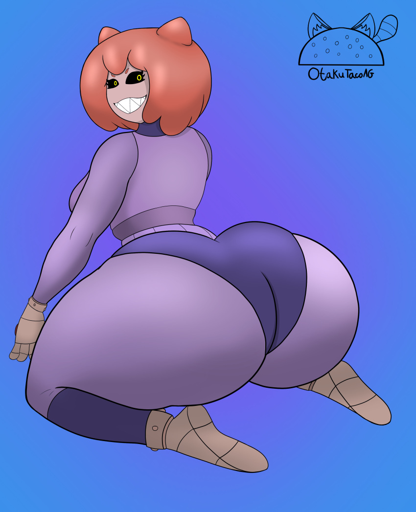 1girls alien alien_girl alien_humanoid ass black_sclera bodysuit boots breasts eyelashes female female_focus female_only gloves hips large_ass looking_back on_knees orange_hair otakutacoag sharp_teeth sideboob thick_thighs thighs visca visca's_earth_conquest wide_hips yellow_eyes