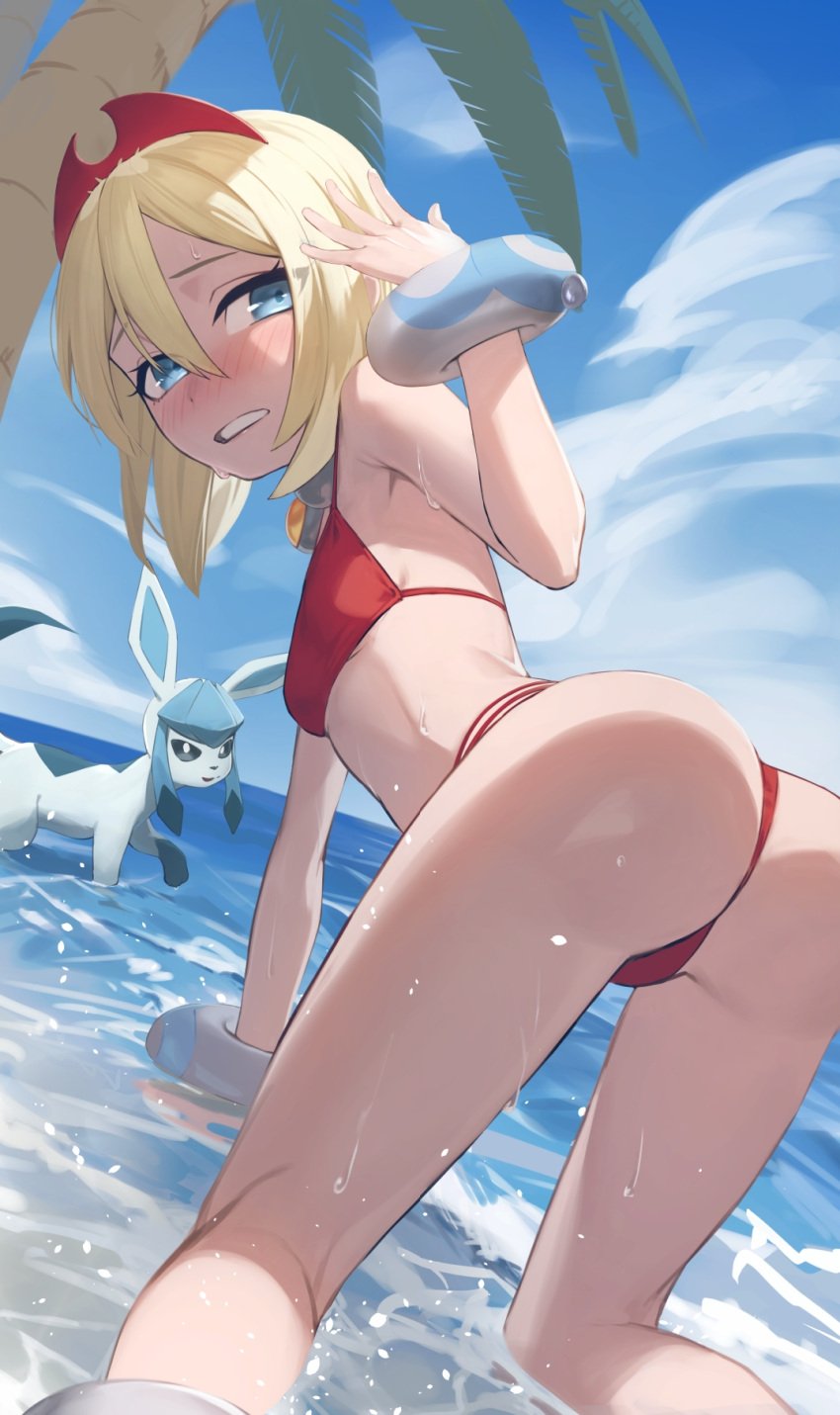 1girls ass bare_shoulders beach bent_over bikini blonde_hair blue_eyes blue_sky blush bracelet breasts chorogon commission creatures_(company) fanning_face fanning_self female game_freak gen_4_pokemon glaceon hair_between_eyes hairband highres irida_(pokemon) jewelry looking_at_viewer looking_back neck_ring nintendo ocean open_mouth palm_tree partially_submerged pokemon pokemon_legends:_arceus red_bikini shore short_hair skeb_commission sky small_breasts sweat swimsuit tree wet