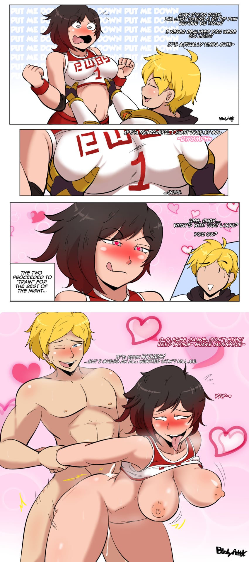 1boy 1girls ahe_gao ambiguous_penetration arms_behind_back artist_name ass big_breasts blonde_hair blue_eyes blush bodyattk bouncing_breasts breast_grab breasts clothed_sex comic cum cum_drip cum_inside curvy dark_hair dialogue english_text female from_behind fucked_silly gym_uniform hanging_breasts heart heart-shaped_pupils held_up instant_loss_2koma jaune_arc licking licking_lips lifted male medium_breasts motion_lines naughty_face open_mouth prison_guard_position ruby_rose rwby sex silver_eyes straight text thick_thighs toned toned_male tongue tongue_out watermark wide_hips