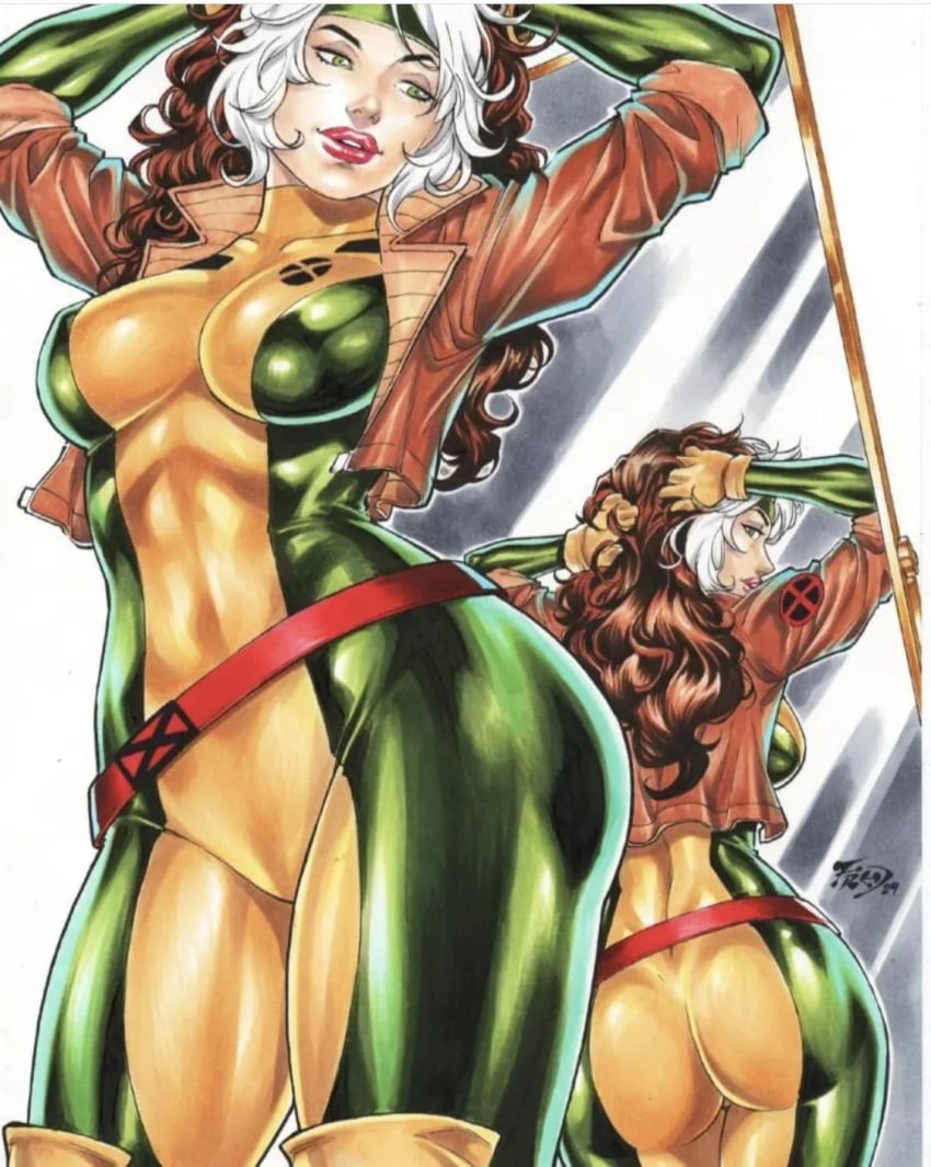 arms_up ass big_breasts breasts brown_hair curly_hair ed_benes_studio fred_benes gloves green_suit headband jacket_open knee_high_boots kneehighs marvel marvel_comics mirror_reflection mutant_(marvel) nipple_bulge pokies rogue_(x-men) sexy_pose shiny_clothes skintight_bodysuit southern thick thick_ass thick_thighs tight_clothes tight_clothing two-tone_hair white_streak x-men yellow_boots