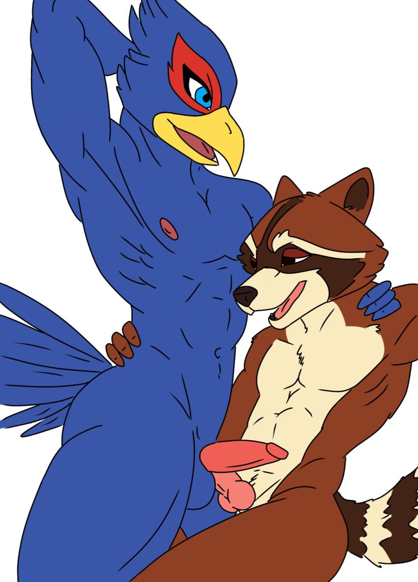 2boys anthro avian blue_eyes duo falco_lombardi gay grabbing guardians_of_the_galaxy hi_res male male/male mammal marvel marvel_comics nintendo nude overunderyou procyonid raccoon rocket_raccoon sex star_fox white_background