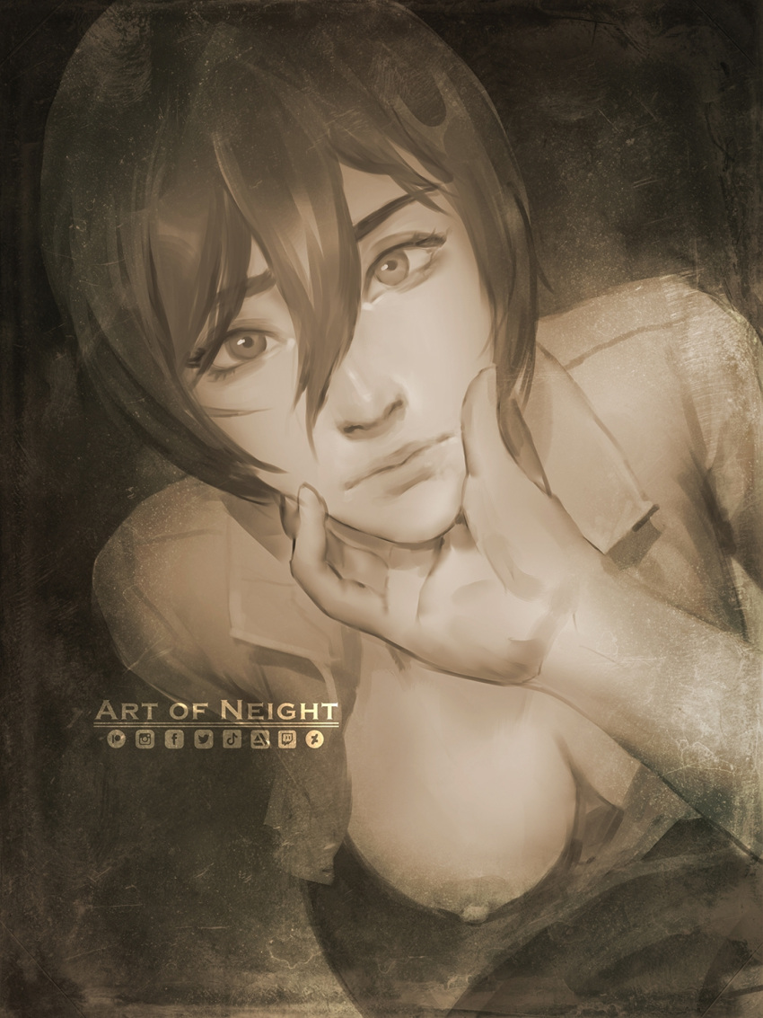 attack_on_titan big_breasts black_hair kneeling looking_back mikasa_ackerman neight nipples on_knees one_breast_out patreon sepia short_hair topless