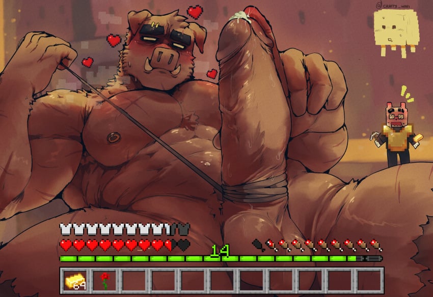 absurd_res anthro big_muscles big_penis bodily_fluids cratty_wan domestic_pig ereciton eyebrows floppy_ears gameplay_mechanics genital_fluids genitals glans gui health_bar heart_symbol hi_res humanoid_genitalia humanoid_penis makota_toh male mammal miauarf microsoft minecraft mojang muscular muscular_anthro muscular_male nipple_piercing nipple_ring nipples pecs penis piercing piglin precum reclining ring_piercing scar solo suid suina sus_(pig) thick_eyebrows tusks user_interface white_eyes xbox_game_studios