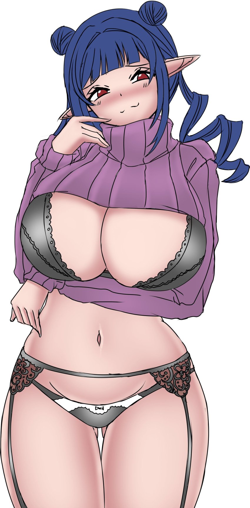 1girls belly_button black_bra black_lingerie black_panties blue_hair blush bra breasts cleavage deculture dizzy_dokuro female female_only garter_belt garter_straps huge_breasts light-skinned_female light_skin lingerie nose_blush panties phase_connect phase_invaders pointy_ears red_eyes seductive solo sweater virtual_youtuber