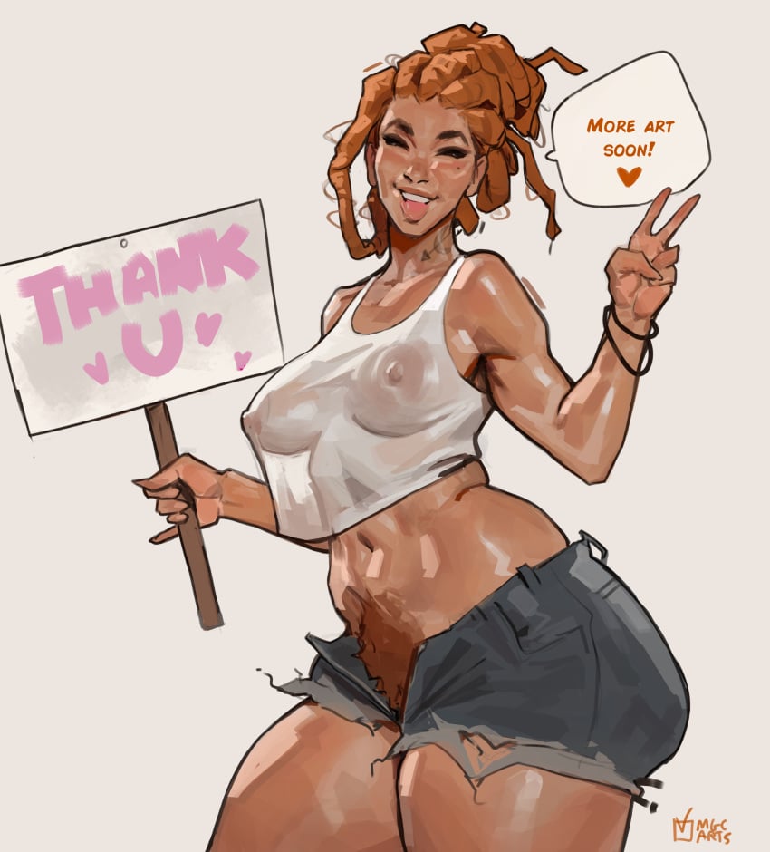 amber_hair bracelets breasts bushy_pubes daisy_dukes dreadlocks dreads holding_sign light-skinned_female locs magicmoonsarts neck_tattoo posing_for_the_viewer short_shorts smiling_at_viewer thick_thighs tied_hair unzipped_pants wet_clothes