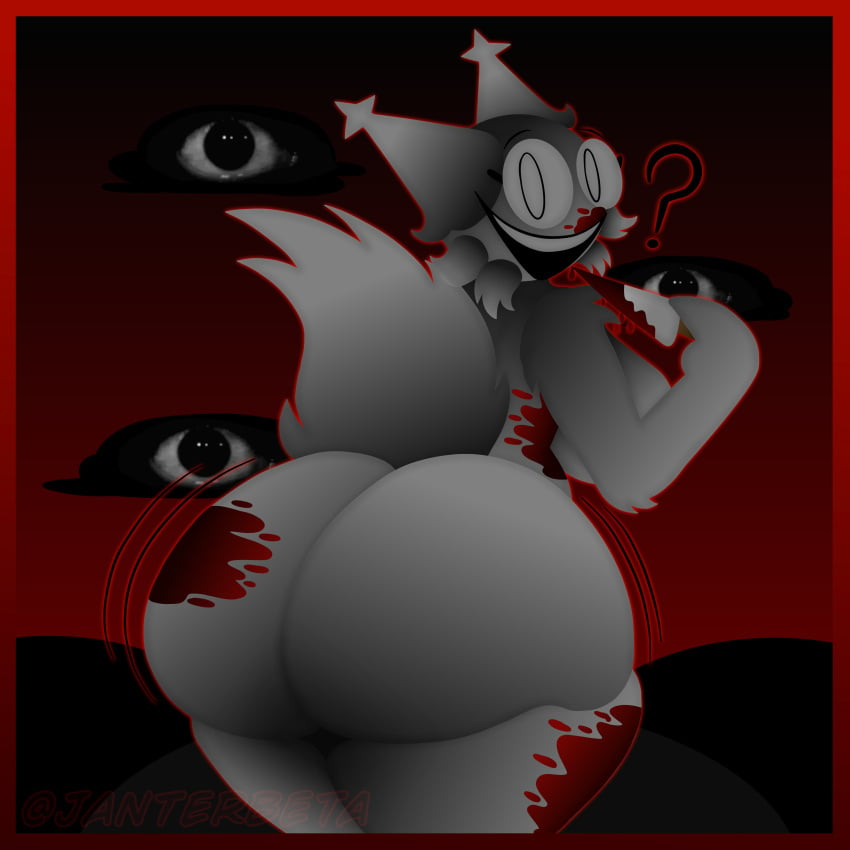 anthro big_breasts black_and_red_background blood blood_on_ass blood_on_body blood_on_butt blood_on_face blood_on_leg bloody_knife cat_ears clouds eyes field_background fluffy gray_fur huge_ass incredibox janterbeta killer knife looking_at_viewer smiley_face sprunki tail thick_thighs wenda_(sprunki)