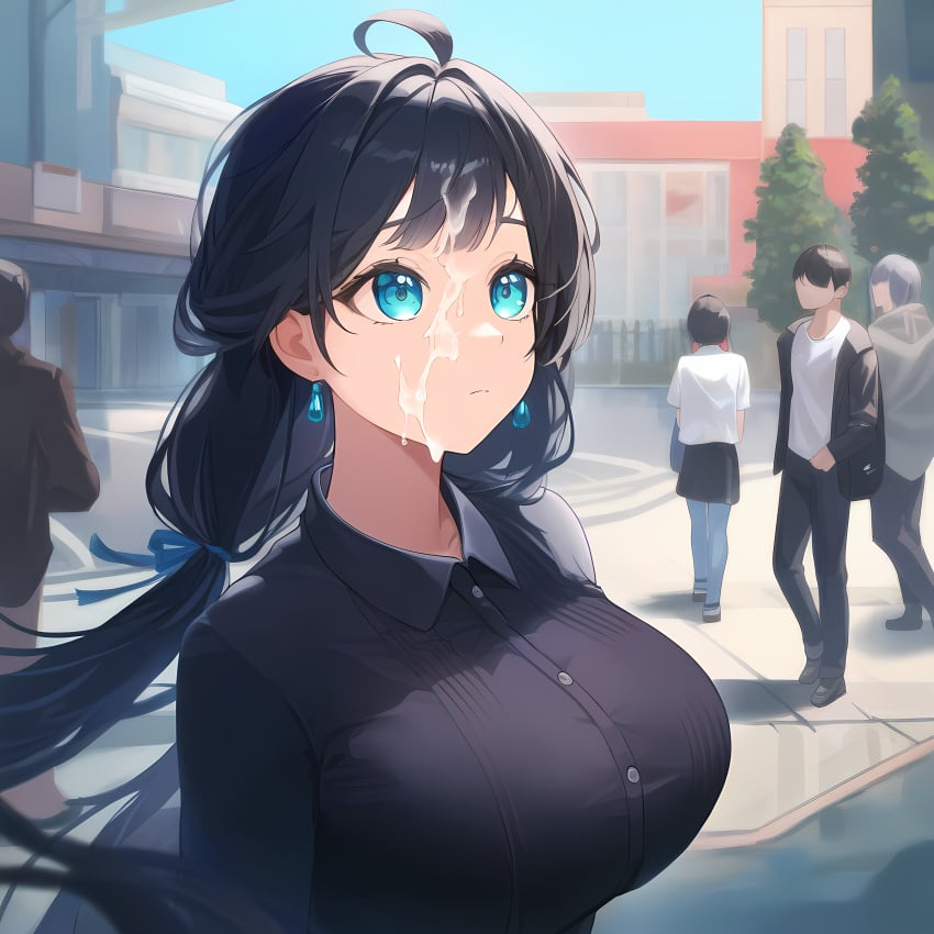 1girls ahoge ai_generated big_breasts black_hair black_shirt blue_eyes breasts busty casual casual_cumshot casual_exposure city close-up closed_mouth clothed clothing crowd cum cum_covered cum_drip cum_dripping_down_chin cum_on_chin cum_on_face cum_on_hair cum_on_head cum_string cum_trail dark_hair day daylight dripping earrings eyebrows eyelashes eyes facial facing_viewer female female_focus female_only hair_ornament hair_ribbon hi_res highres huge_breasts hypercasual izacru0 jewelry large_breasts light light-skinned_female light_skin long_hair looking_away low_twintails multiple_others neutral_expression open_eyes original original_character outdoors public public_exposure public_humiliation public_indecency shirt solo solo_female solo_focus street twintails unaware unknowing_bystander upper_body very_high_resolution very_long_hair walking