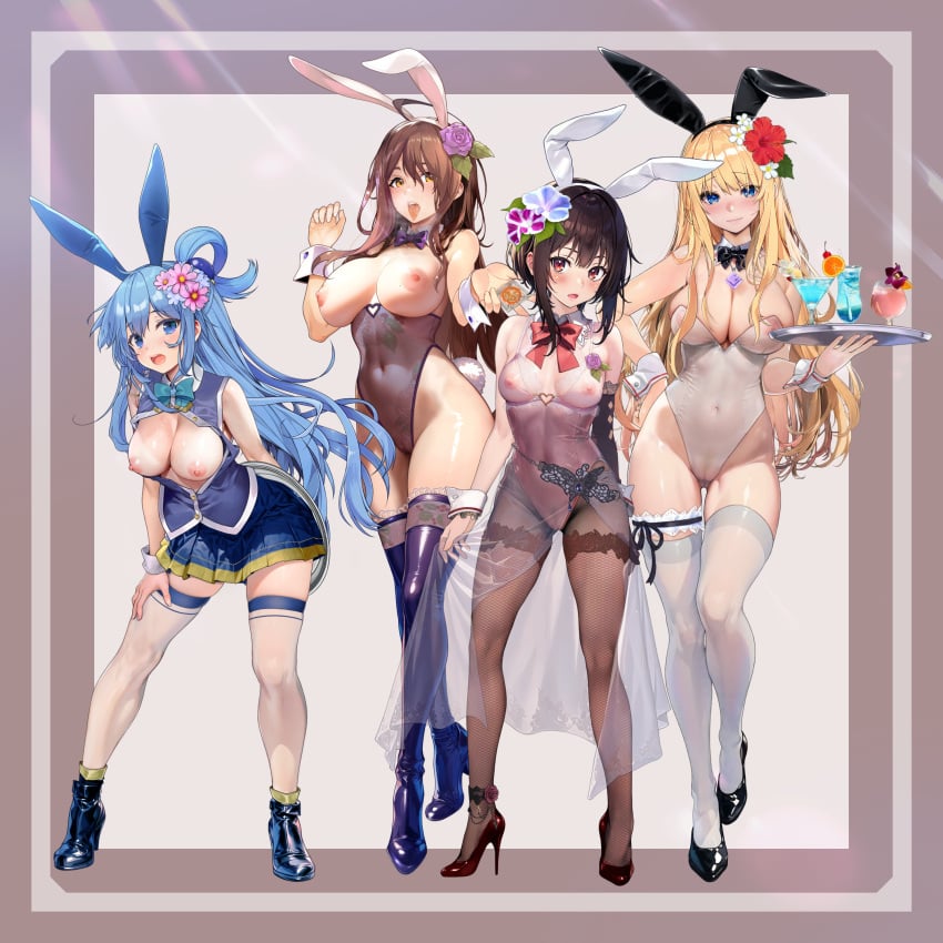 4girls absurdres ahoge alternate_costume animal_ears anklet aqua_(konosuba) ass_visible_through_thighs ayase_shichikai bare_shoulders black_bow black_bowtie black_footwear black_hair black_sleeves blonde_hair blue_eyes blue_footwear blue_hair blue_leotard blue_skirt blush boots border bow bowtie breastless_clothes breastless_leotard breasts breasts_apart breasts_out brown_hair brown_pantyhose bunnysuit cameltoe candy closed_mouth collar condom condom_wrapper covered_navel covered_nipples cup darkness_(konosuba) detached_collar dress drinking_glass fake_animal_ears fake_tail female_pubic_hair flower food full_body groin hair_between_eyes hair_flower hair_ornament hand_on_own_thigh hands_up high_heels highleg highleg_leotard highres holding holding_tray huge_breasts jewelry kono_subarashii_sekai_ni_shukufuku_wo! lace-trimmed_sleeves lace-trimmed_thighhighs lace_trim large_breasts leaning_forward legs_apart leotard leotard_under_clothes long_hair looking_at_viewer megumin multiple_girls necklace nipples no_bra open_clothes open_mouth open_shirt outside_border pantyhose playboy_bunny pleated_skirt pubic_hair purple_bow purple_bowtie rabbit_ears rabbit_tail reaching reaching_towards_viewer red_bow red_bowtie red_eyes red_footwear red_leotard see-through see-through_dress see-through_leotard shoes short_hair_with_long_locks side_slit single_hair_ring single_sleeve skirt sleeveless sleeveless_dress small_breasts smile standing strapless strapless_leotard tail tan tanlines thigh_boots thigh_strap thighhighs thighs tongue tongue_out traditional_bowtie tray white_collar white_dress white_leotard white_thighhighs white_wrist_cuffs wiz_(konosuba) wrist_cuffs x_hair_ornament yellow_eyes