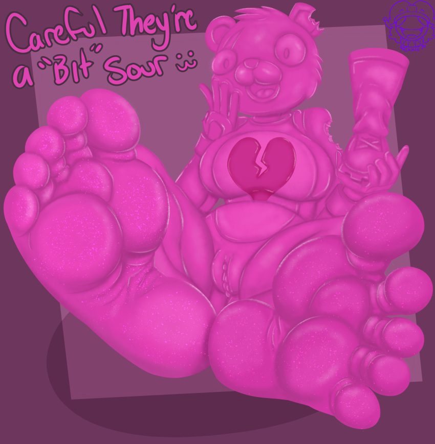 absurd_res anthro barefoot bear candy dessert dialogue digital_media_(artwork) english_text epic_games feet female food food_creature foot_fetish foot_focus fortnite genitals gummi_team_leader gummy_(food) gummy_bear_(food) gummy_creature hi_res humanoid_feet living_candy looking_at_viewer mammal nexxiethejester nude open_mouth pink_body plantigrade pussy simple_background smile soles solo text toes