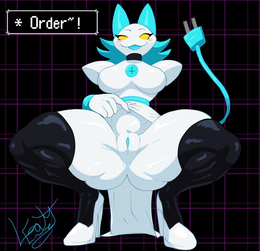 absurd_res android anthro big_breasts blush blush_stickers breasts clothing darkner deltarune emmet_twunks felid feline female floating_hands footwear genitals hi_res high_heels legwear machine mammal pussy robot shoes socks solo spread_legs spreading tail tasque_manager thick_thighs thigh_highs thigh_socks undertale_(series) yellow_eyes