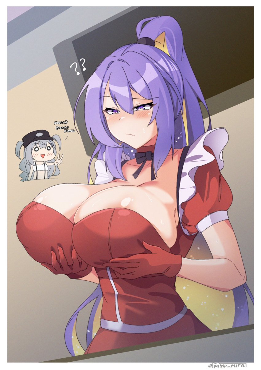 blonde_hair crop_top holding_breast hololive hololive_indonesia hololive_indonesia_area_15 huge_breasts moona_hoshinova myumi police ponytail purple_hair red_gloves tv_screen vestia_zeta virtual_youtuber waitress white_hair