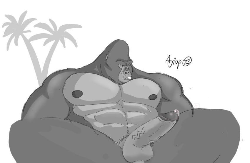 abs aji_arts anthro ape balls biceps big_pecs bodily_fluids casual_erection casual_nudity disney erection fur genital_fluids genitals gorilla haplorhine humanoid_genitalia humanoid_penis kerchak male mammal manly muscular muscular_anthro muscular_male nipples nude outdoor_nudity outside pecs penis plant precum primate simple_background solo tarzan tarzan_(disney)