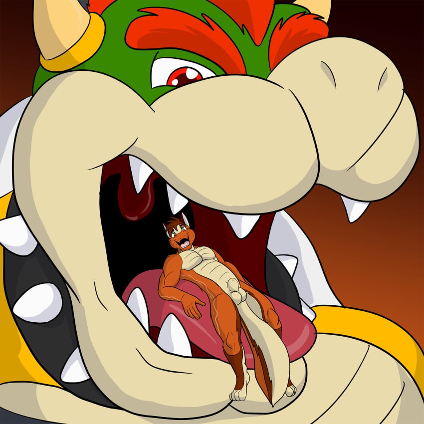 2boys bowser canid canine domafox dragon fox hi_res hybrid illustrations macro male mammal mario_(series) micro mythological_creature mythological_scalie mythology nintendo open_mouth oral scalie size_difference vore