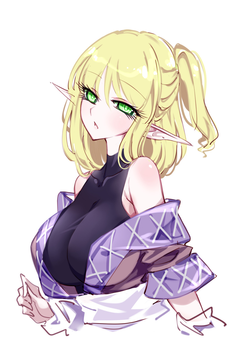 black_leotard blonde_hair breasts brown_jacket collarbone female green_eyes jacket large_breasts leotard medium_hair mizuhashi_parsee open_mouth pointy_ears raptor7 short_sleeves simple_background solo touhou upper_body white_background