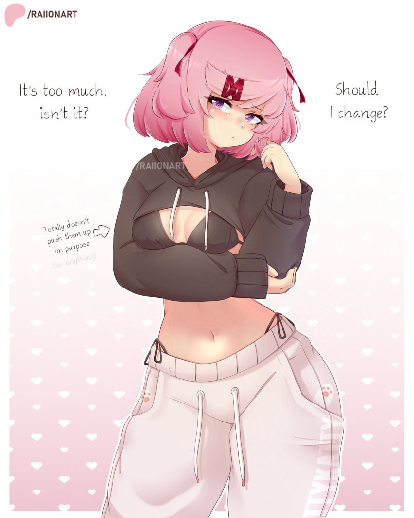 1girls belly_button blush bob_cut bra doki_doki_literature_club embarrassed embarrassed_female english_text female female_only human long_sleeves looking_at_viewer natsuki_(doki_doki_literature_club) nervous nervous_face petite petite_female pink_hair playing_with_hair raionart short_hair slim_waist small_breasts solo sweater teenager text wide_hips