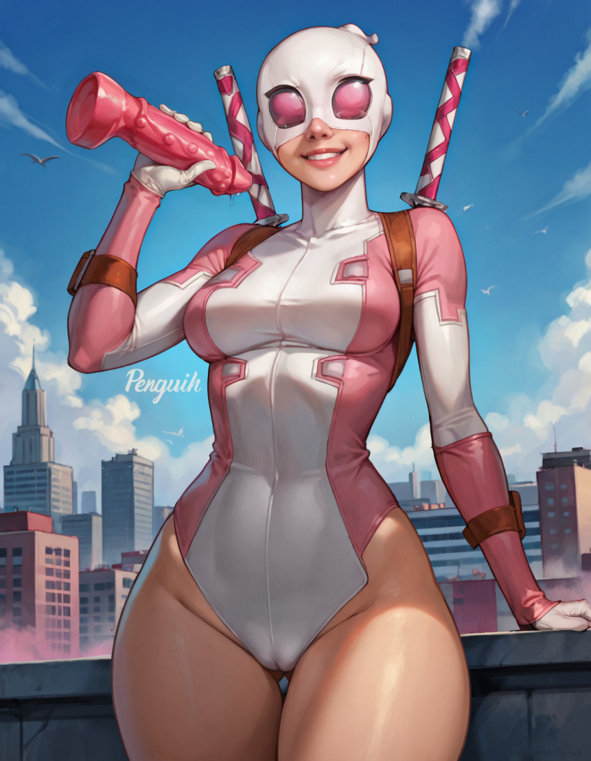 2d ai_generated bodysuit cameltoe dildo female female_only female_solo fortnite gwenpool gwenpool_(fortnite) marvel marvel_comics mask masked_female new_york outdoors penguih rooftop smiling stable_diffusion superheroine sword thin_waist tight_clothing wide_hips