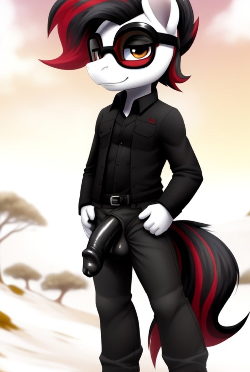 1boy ai_generated anthro anthro_only balls ballsack big_penis bisexual bisexual_male black_cock black_pants black_penis black_shirt bloodshotx cock equine equine_penis friendship_is_magic furry furry_only gay gay_male glasses goggles goggles_on_head hair happy hasbro horny horny_male large_penis male male_focus mlp_oc my_little_pony my_little_pony_friendship_is_magic original_character original_characters penis penis_out pony ponytail public public_nudity red_glasses red_goggles seductive seductive_look seductive_pose smile smiley_face young younger_male