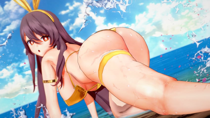 3d bikini brown_hair bunny_ears bunny_girl female female_only genshin_impact gold_bikini golden_bikini hu_tao_(genshin_impact) huge_ass huge_breasts koikatsu playboy_bunny twintails