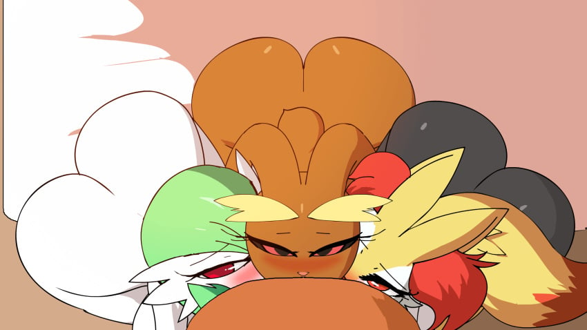 all_the_way_to_the_base anthro anthro_female anthro_focus anthro_on_human ass blowjob blowjob_pov braixen deep_blowjob deepthroat fellatio foursome furry furry_female gardevoir irrumatio lopunny oral oral_sex pokemon pokemon_(species) triple_fellatio zaviel