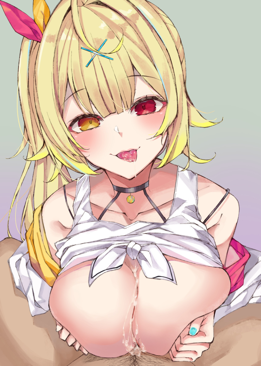 1boy :p blonde_hair blush breasts cum cum_between_breasts cum_on_body cum_on_breasts cum_on_upper_body ejaculation_between_breasts female hair_ornament hair_ribbon hairclip heterochromia highres hoshikawa_sara large_breasts nijisanji paizuri pov pubic_hair red_eyes ribbon shirt_lift side_ponytail simple_background straight suushiki tongue tongue_out virtual_youtuber x_hair_ornament yellow_eyes