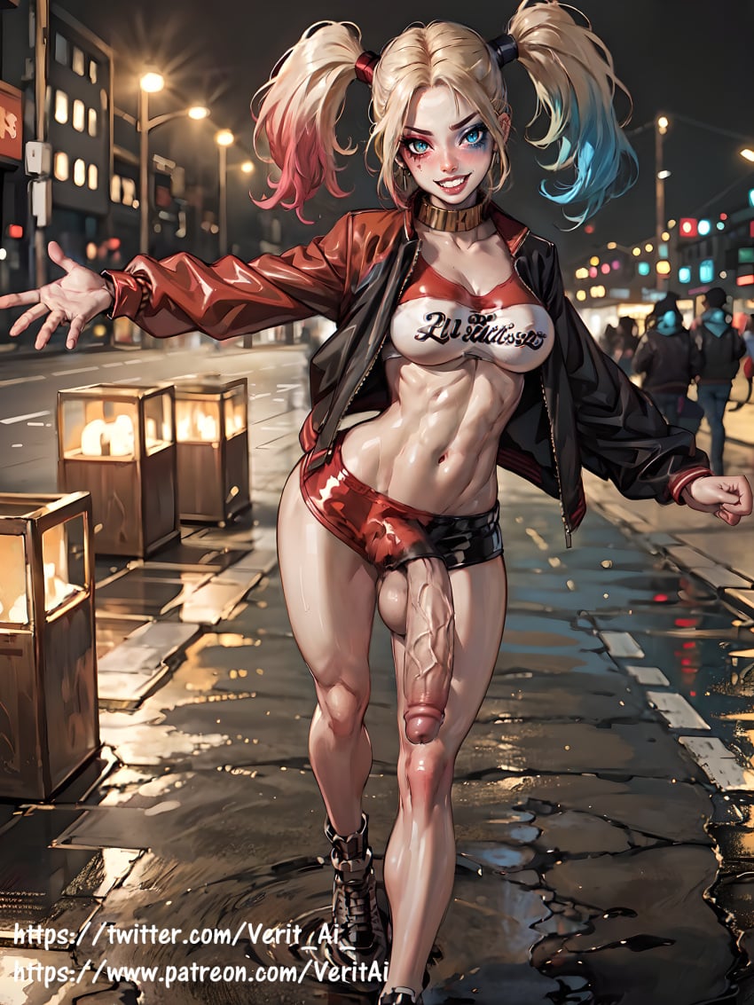 1futa abs ai_generated athletic athletic_futanari balls big_penis blonde_hair blue_eyes dc dc_comics dickgirl dyed_hair flaccid flaccid_penis futa_only futa_sans_pussy futanari gradient_hair harleen_quinzel harley_quinn huge_cock jacket looking_at_viewer makeup medium_breasts midriff multicolored_hair navel shiny_skin short_shorts shorts smile solo solo_futa stable_diffusion suicide_squad testicles twintails veritai