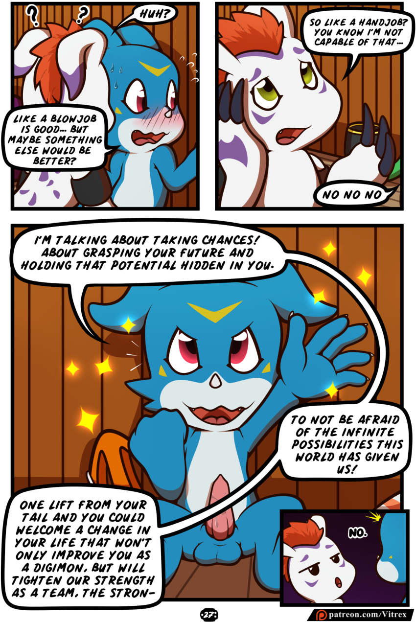 animal_genitalia anthro balls blush claws comic dialogue digimon digimon_(species) digital_media_(artwork) duo english_text erection fangs feral genitals gomamon hair hi_res male male_only nude open_mouth page_27 page_number penis text veemon vitrex