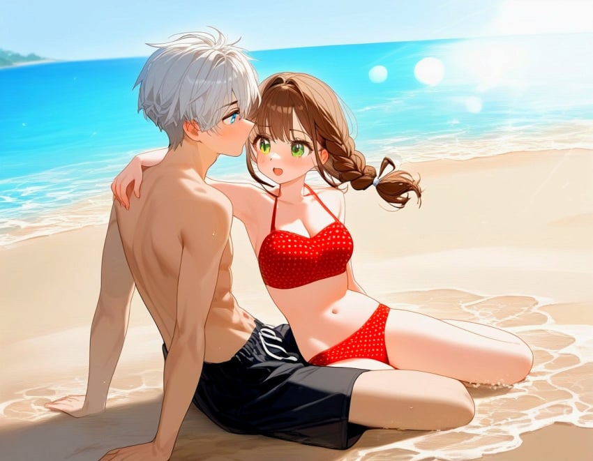 1boy 1girls ai_generated akari_oborodzuka bad_anatomy beach bikini black_swimming_trunks black_swimsuit black_swimwear blossomtea blue_eyes braid braided_hair breasts brown_eyebrows brown_hair canon_design civitai depth_of_field dot_nose eyebrows eyebrows_visible_through_hair eyelashes eyelashes_visible_through_hair genderswap_(ftm) green_eyes hands_on_back mai_shishikusa masa_works_design navel oni_to_kitsune_no_hanashi pointy_nose polka_dot polka_dot_bikini red_bikini red_swimsuit red_swimwear rule_63 sand self_upload shiny shiny_body shiny_hair shiny_skin short_hair small_breasts straight sunshine sunshine_light swimming_trunks swimsuit swimwear trunks trunks_(clothing) tsurime white_hair yodayo