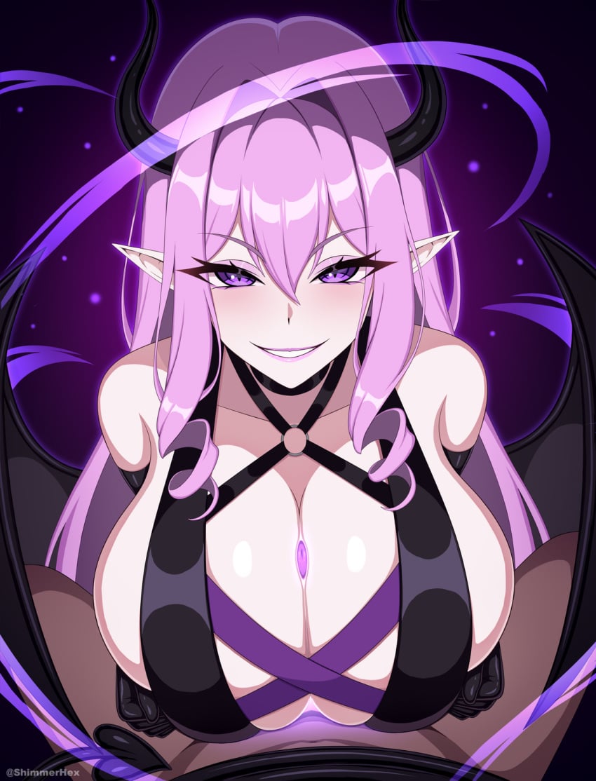 1boy 1girls demon_girl demon_horns demon_tail demon_wings draining draining_energy energy_drain femdom large_breasts latex_gloves lipstick looking_at_viewer original paizuri paizuri_under_clothes pink_hair pov purple_eyes shimmerhex succubus