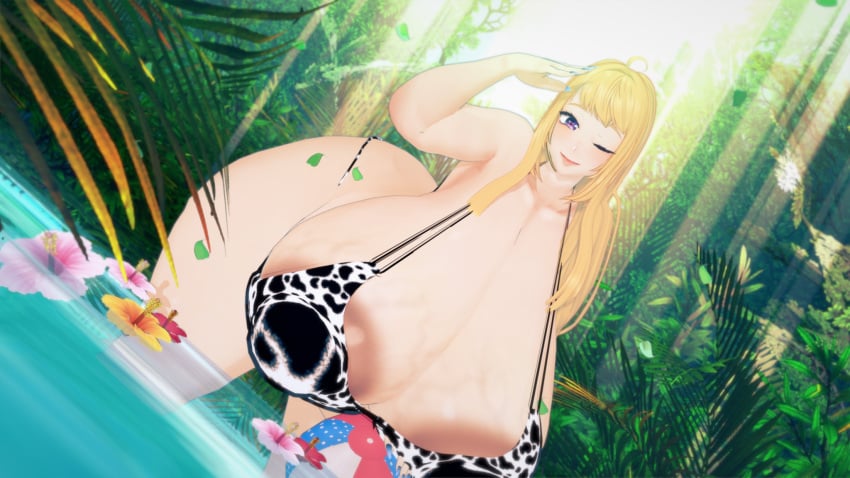 1girls 3d animal_print bbw big_ass big_breasts blonde_hair bra bush bushes closed_eye cow_print cow_print_bikini detailed_background dosanko_gal_wa_namara_menkoi female_only flowers fuyuki_minami heart-shaped_pupils huge_ass huge_breasts hyper_breasts hyper_nipples ineffective_clothing koikatsu large_ass large_breasts leaves magenta_eyes nail_polish ngs_(artist) peeking_nipple pink_nipples plump pond purple_eyes revealing_clothes revealing_swimsuit smile sunlight sunlight_rays swimsuit swimwear tree trees veiny_breasts venus_body winking_at_viewer