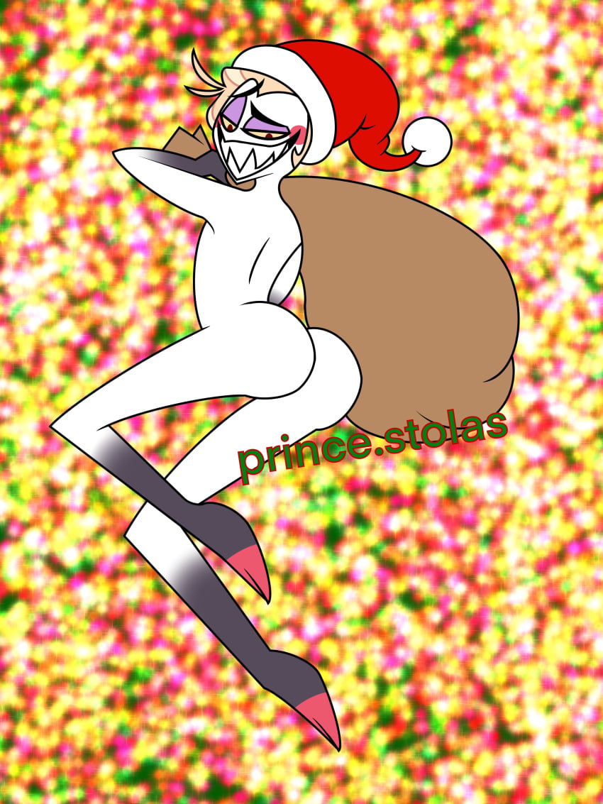 ass ass butt_crack christmas christmas_headwear christmas_lights christmas_tree devil hazbin_hotel lucifer_morningstar_(hazbin_hotel) red_eyes sack santa_hat white_skin yellow_eyes