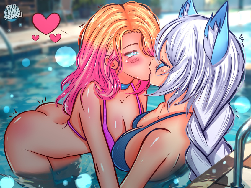 2girls alternate_costume bent_over blonde_hair blush bottomless chang&#039;e_(smite) crossover eroemmasensei goddess hi-rez_studios io_(paladins) kissing koven_chang&#039;e paladins pale-skinned_female pale_skin smite white_hair yuri