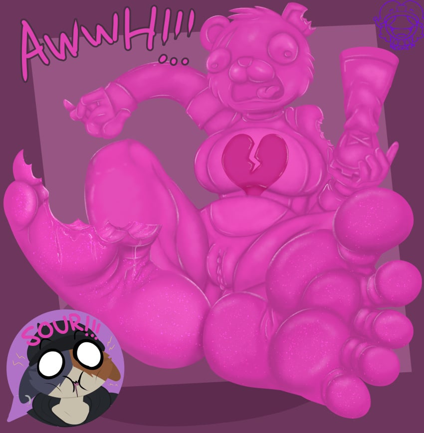 absurd_res anthro barefoot bear bite_mark candy cuddle_team_leader dessert dialogue digital_media_(artwork) english_text epic_games feet felid feline female food food_creature foot_fetish foot_focus fortnite fur genitals gummi_team_leader gummy_(food) gummy_bear_(food) gummy_creature hi_res humanoid_feet living_candy looking_at_viewer mammal meow_skulls nexxiethejester nude open_mouth pink_body plantigrade pussy simple_background smile soles solo text toes_tied