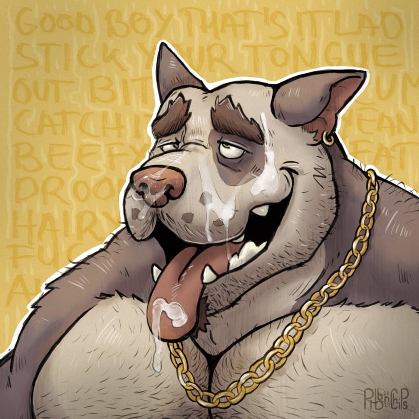 2024 after_orgasm anthro back_hair barazoku bodily_fluids body_hair brown_hair canid canine canis chain_necklace chains chest_hair cum cum_on_face cum_on_tongue deltoids domestic_dog ear_piercing eye_roll facial_hair genital_fluids goatee gold_(metal) gold_chain gold_jewelry gold_necklace hair hairy hi_res jewelry male mammal muscular necklace open_mouth pecs pibbnchips piercing rooinks shoulder_hair solo stubble submissive submissive_male text tongue tongue_out