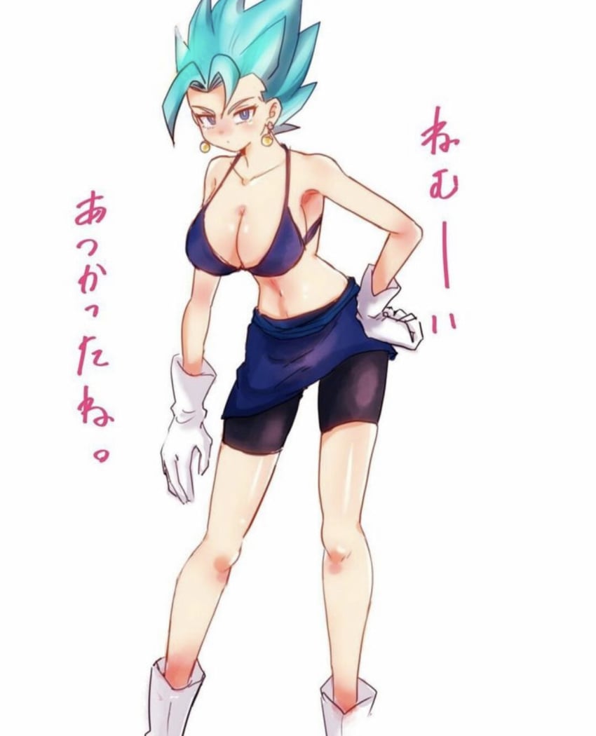 1girls blue_eyes blue_hair cleavage dragon_ball dragon_ball_super female female_vegito potara_earrings rule_63 saiyan skinny super_saiyan super_saiyan_blue swimsuit vegito