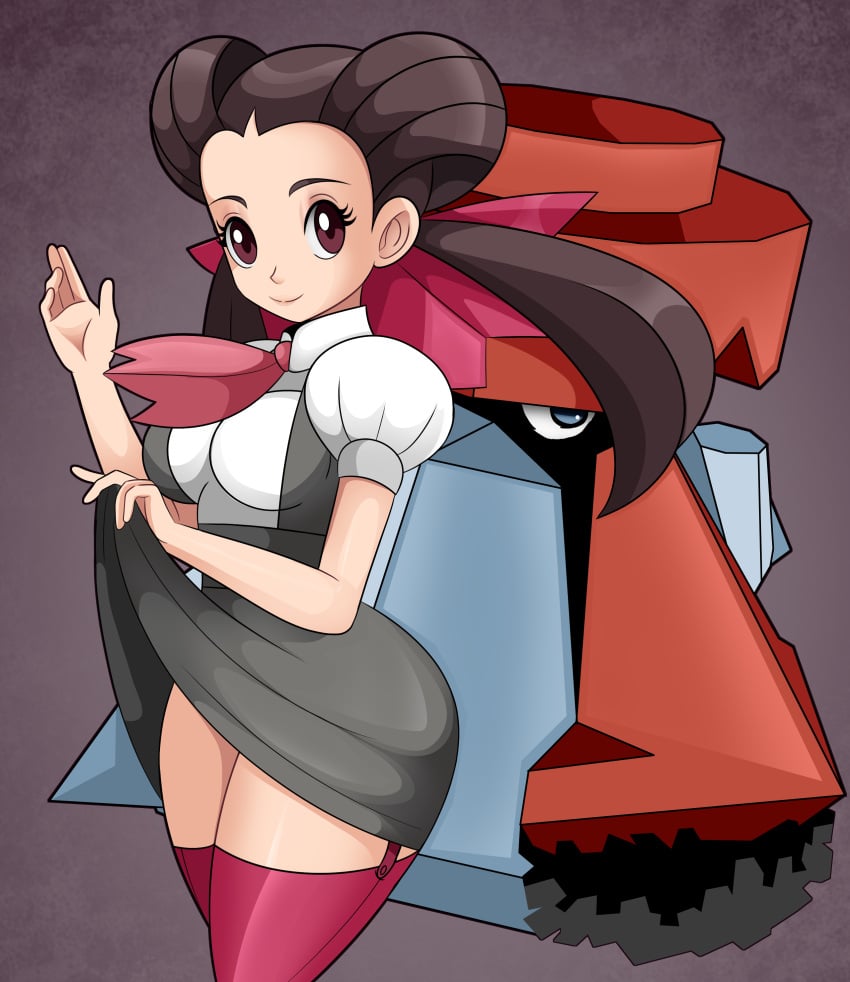 brown_eyes brown_hair dress lifting_skirt pokemon pokemon_rse probopass roxanne_(pokemon) skirt smiling sonson-sensei stockings