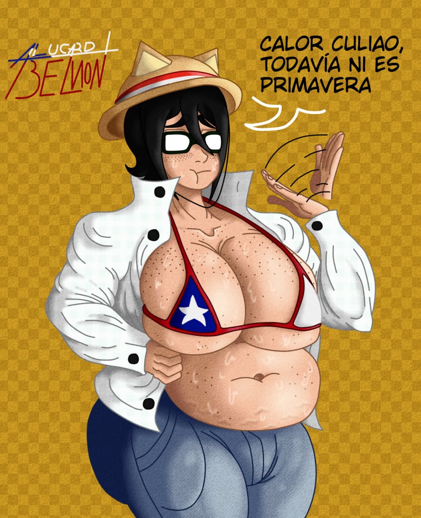 1girls alu-chan alucard_belmont artist_signature bbw belly belly_button big_belly black_hair chile chilean_flag chilean_flag_bikini exposed_belly exposed_torso female female_only freckles freckles_on_belly freckles_on_breasts glasses jeans open_clothes open_shirt plump pout pouting short_hair simple_background simple_shading sole_female spanish_text straw_hat sweat sweating text