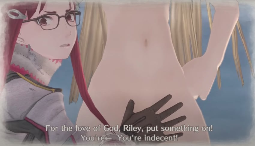 belly_button blonde_hair censored covering embarrassed flashing hot_spring minerva_victor outdoors red_eyes red_hair riley_miller screencap steam valkyria_chronicles valkyria_chronicles_4